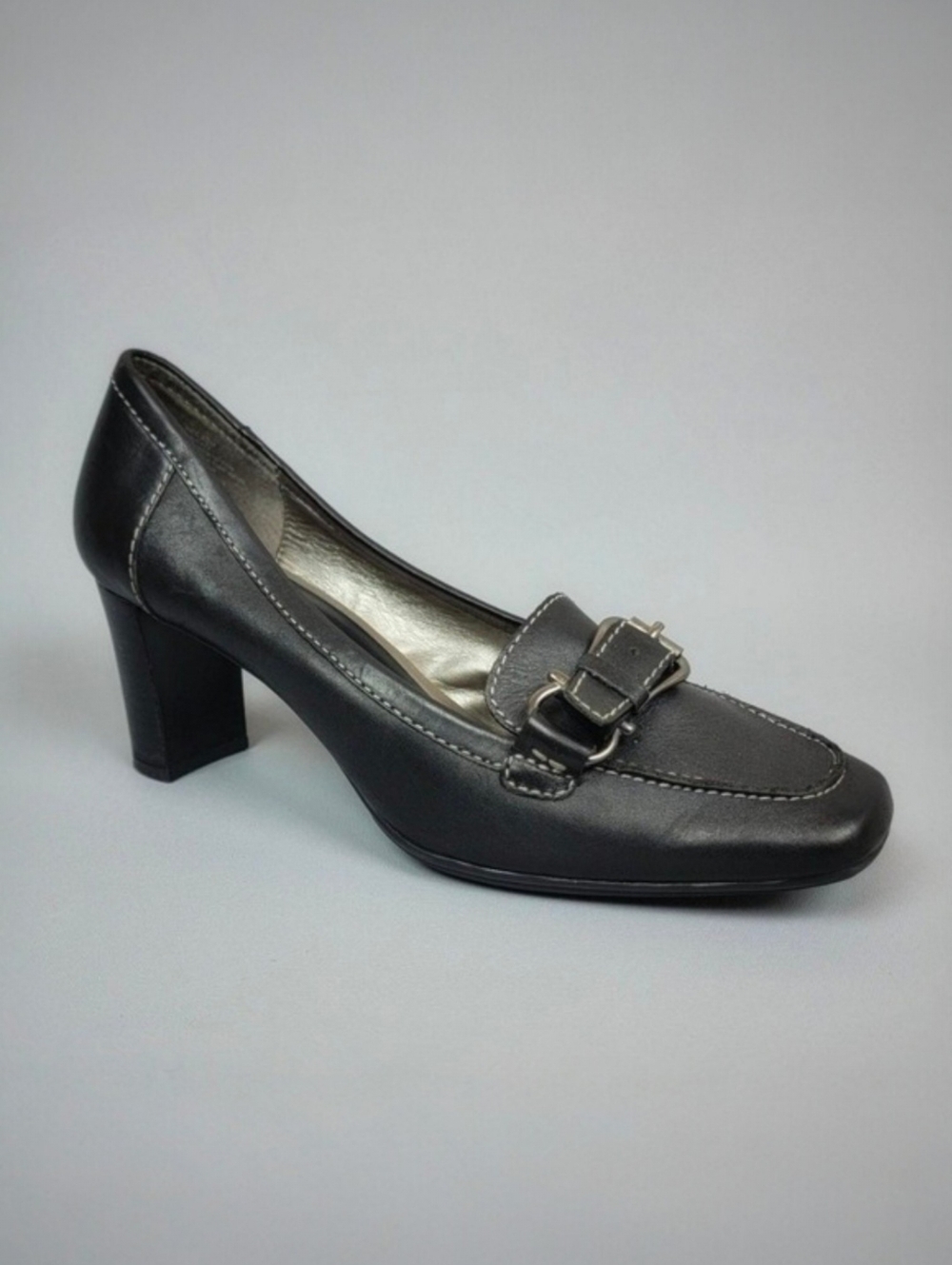 East 5th Womens Black Leather Loafer Pumps Block Heel Buckle Square Toe 8.5 M
